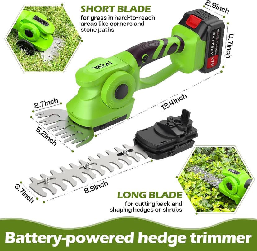 Hedge Trimmer Cordless, 2 in 1 Cordless Hedge Trimmer with 2600mAh Battery*2, High Power and Large Capacity Hedge Shears for Gardens, Patios and Lawns Charger Included