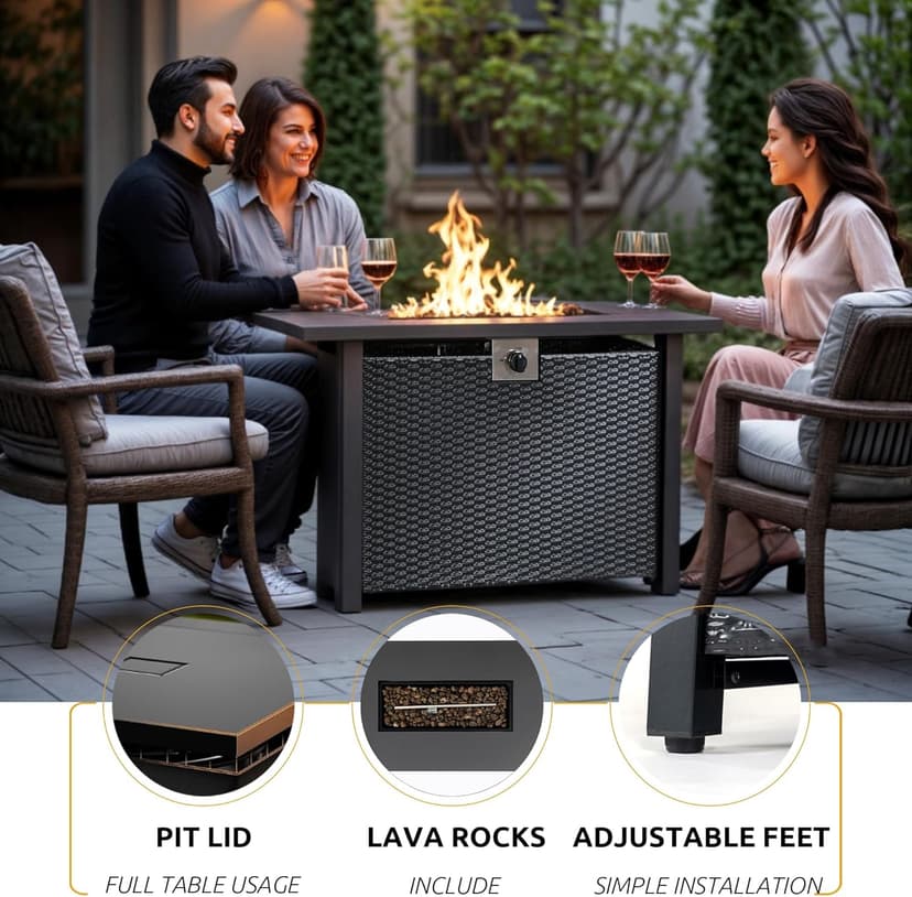 Propane Fire Pit Table,Out Door Fire Pits & Fireplaces,Gas Fire Pit with Lid and Lava Rock.Square Black Fire Pit Table on Patio Deck & Garden Backyard. (Raven‌ Black, 43-inch)