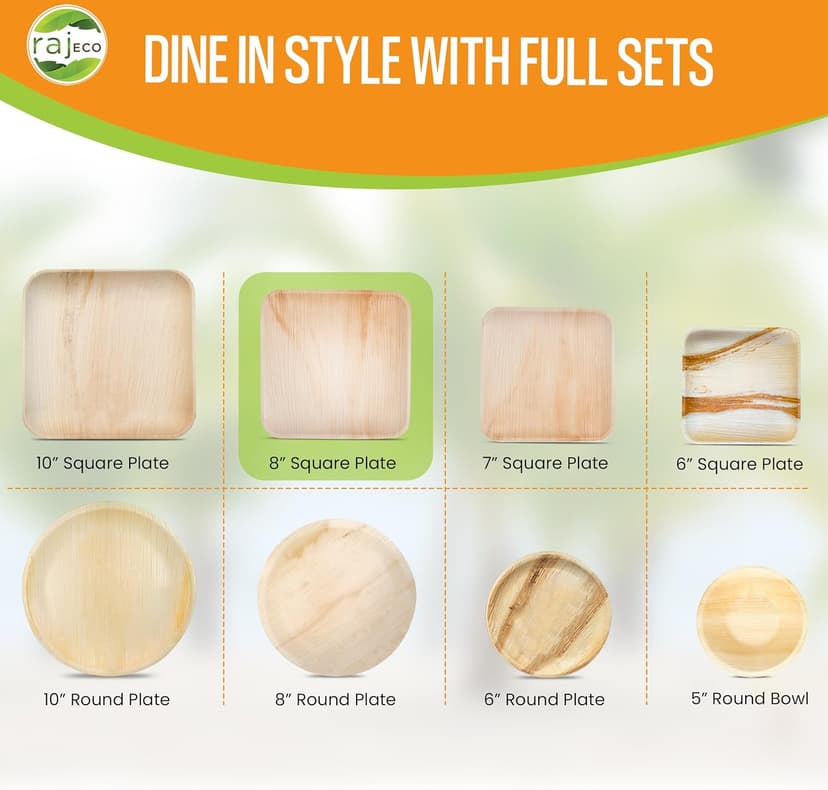 Raj Eco Compostable Palm Leaf Plates Like Bamboo Plates Disposable - 8 Inch Square 50 party plates, Natural wooden, Eco-Friendly, fancy Biodegradable & Disposable Dessert appetizer Plates