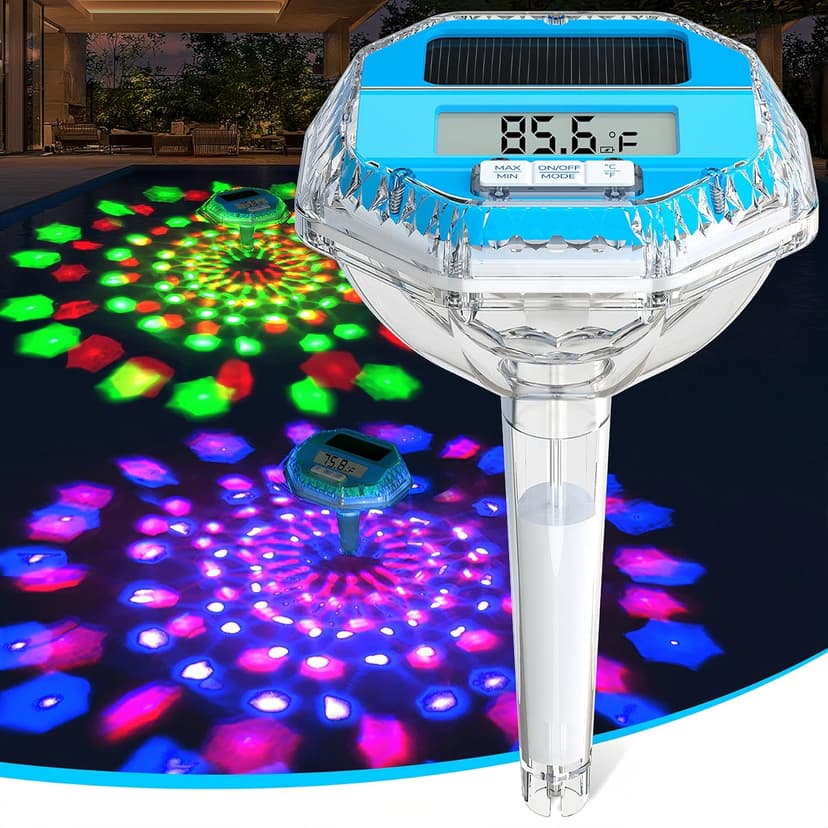 Solar Digital Pool Thermometer Floating Easy Read, Large LCD Screen Pool Thermometer with Light Show, IP68 Waterproof Water Temperature for Hot Tub,Spa