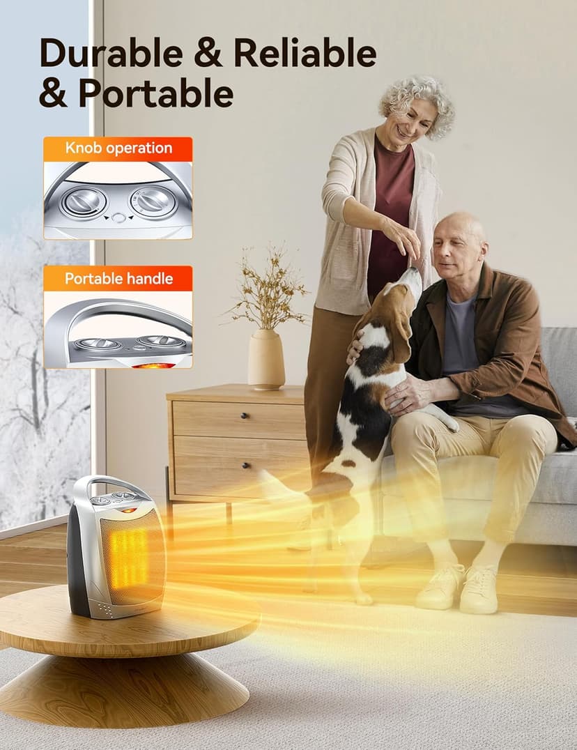 GiveBest Portable Electric Space Heater with Thermostat, 1500W/750W Safe and Quiet Ceramic Heater Fan, Heat Up 200 Square Feet for Office Room Desk Indoor Use, Silver