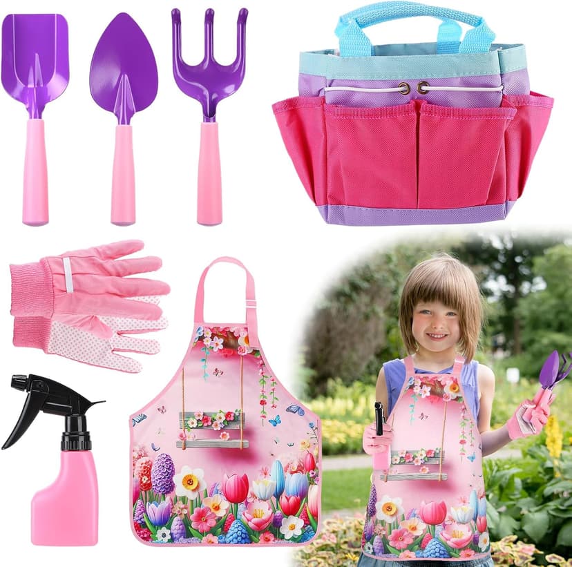 Kids Gardening Tool Set - Garden Tools for Kids with Shovel Trowel Rake Apron Gloves Watering Can and Tote Bag, Outdoor Toys Great Gifts for 3 4 5 6 7 8+ Years Old Girls (Flower Style)
