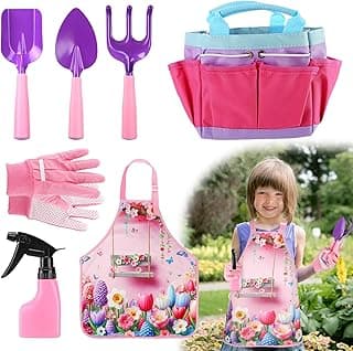 Kids Gardening Tool Set - Garden Tools for Kids with Shovel Trowel Rake Apron Gloves Watering Can and Tote Bag, Outdoor Toys Great Gifts for 3 4 5 6 7 8+ Years Old Girls (Flower Style)