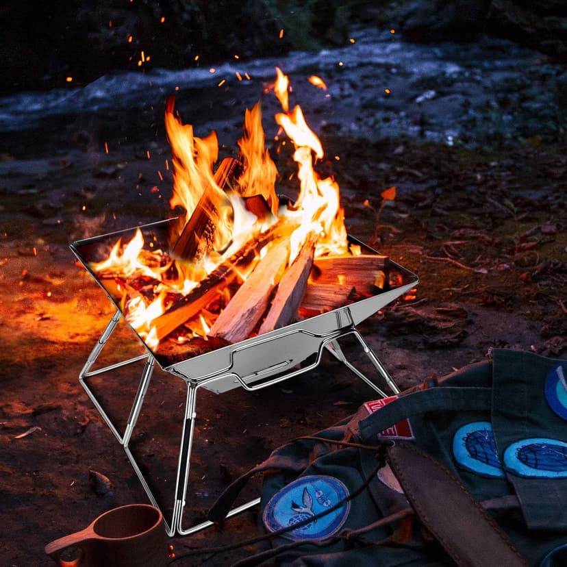 Odoland Folding Campfire Grill, 304 Stainless Steel Grate Barbeque Grill, Portable Camping Grill with Legs for Picnics, Backpacking, Outdoor with Carrying Bag and Kitchen Tongs