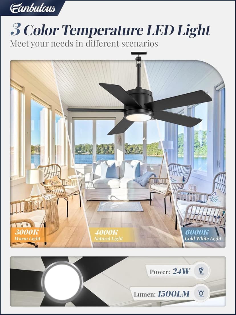 42 In Waterproof Outdoor Ceiling Fan with Light and Remote IP65 Plug in Wet Rated Outdoor Ceiling Fans for Patios Waterproof Gazebo Hanging Fan 3CCT 6 Speed, for Outside Porch Pergola Garage