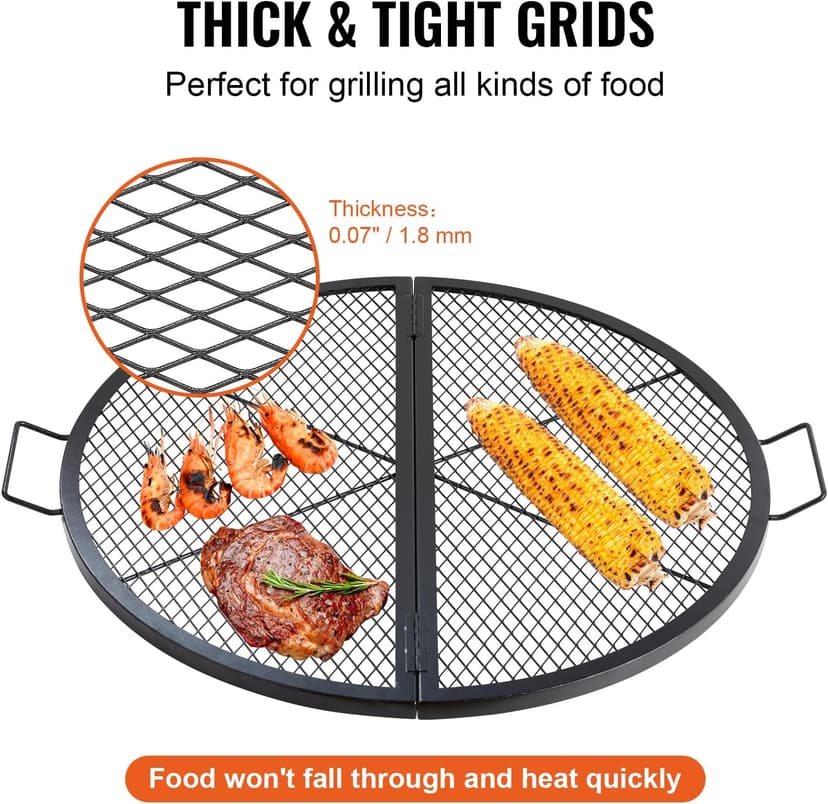 VEVOR X-Marks Fire Pit Grill Grate, Foldable Round Cooking Grate, Heavy Duty Steel Campfire BBQ Grill Grid with Handle and Support X Wire, Portable Camping Cookware for Outside Party, 36 Inch Black