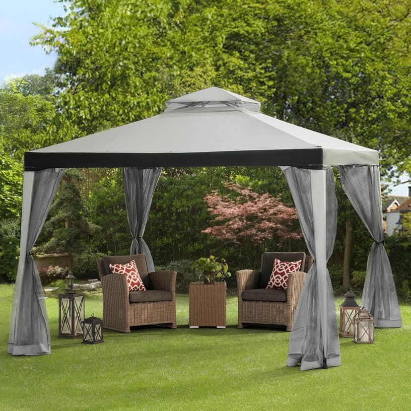 Sunjoy 10 x 10 ft. Soft Top Gazebo, Outdoor Patio Backyard Modern Grey 2-Tier Steel Frame Gazebo with Mesh Netting