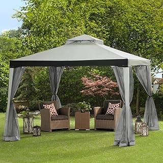 Sunjoy 10 x 10 ft. Soft Top Gazebo, Outdoor Patio Backyard Modern Grey 2-Tier Steel Frame Gazebo with Mesh Netting