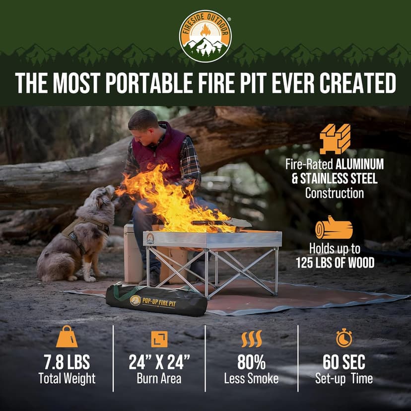 Fireside Outdoor Portable Fire Pit for Camping 24 Inch- Collapsible Pop Up Fire Pit, Outdoor Camp Fire, Wood Fire Pits for Outside, Campfire Standing Fire Pit, Weighs 7 lbs, Heat Shield NOT Included