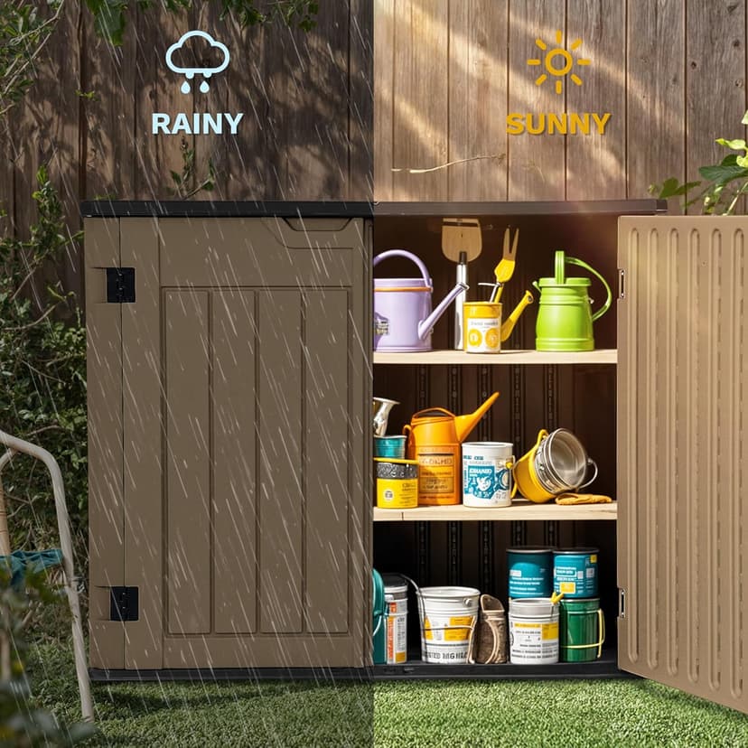 DWVO 35 Cuft Outdoor Horizontal Storage, Waterproof Resin Storage Shed with Floor and Multiple Accesses for Garden Tools, Easy Assembly, Brown (No Shelf Included)