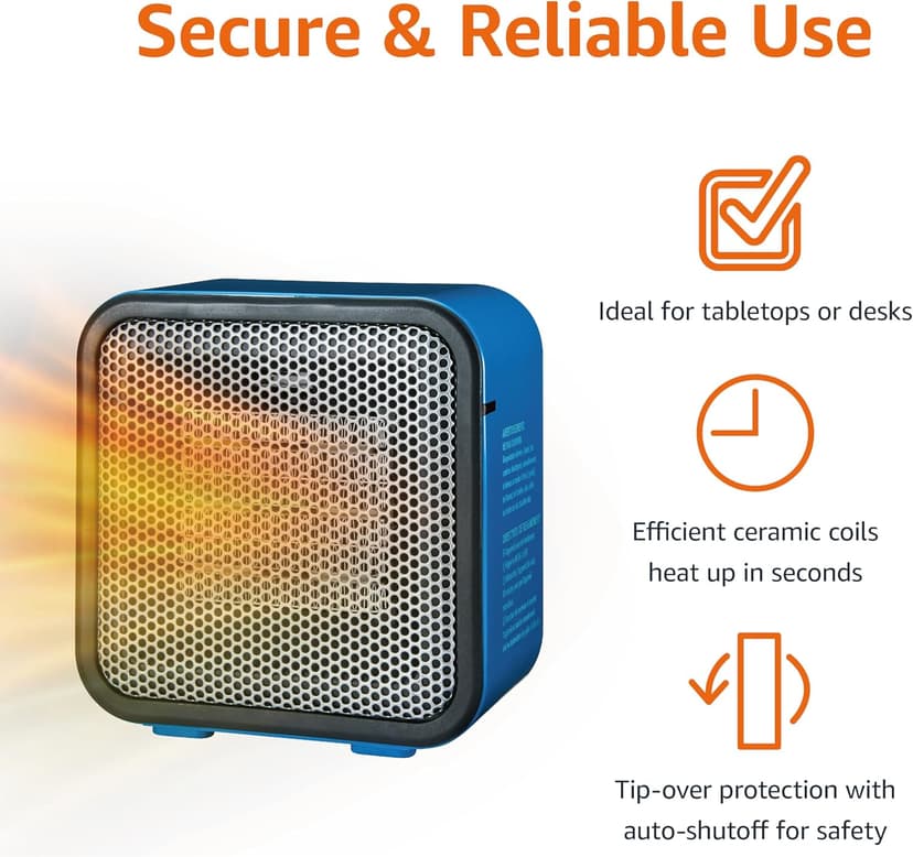 Amazon Basics Ceramic Space Heater, Mini Heater for Office Desk, Portable Tent Heater for Camping (Indoor Use), 500 W, With Tip-Over Protection, Lightweight (1.4 LBS), Blue, 5.9 x 3.2 x 6 inches