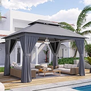 oneinmil 12' x 10' Hardtop Gazebo with Netting and Curtains, Outdoor Gazebo with Aluminum Frame, Heavy Duty Polyester Fabric Double Roof Canopy Party Tent for Patio, Backyard, Lawn, Gray