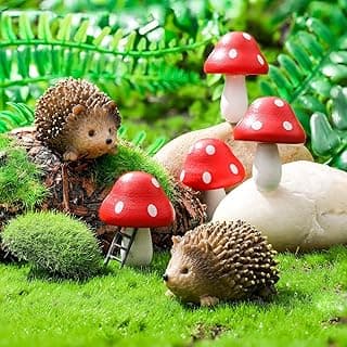 Queekay Resin Hedgehogs & Wood Mushroom Sculpture, Fairy Wild Garden Supplies, 6 Pieces, Red, Handmade Decor