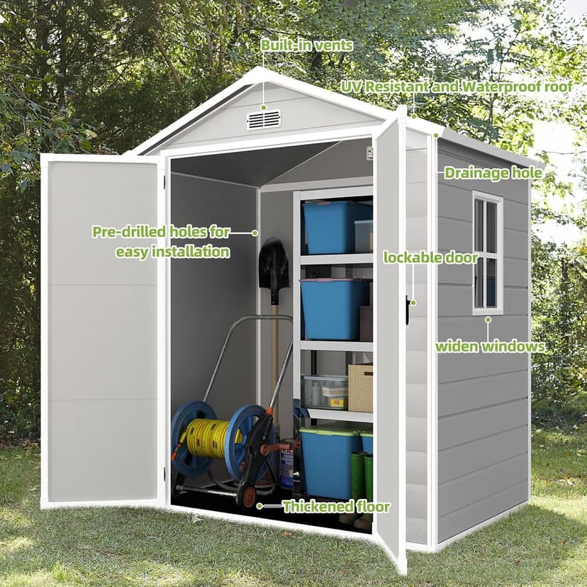Outdoor Storage Shed 6x4.4FT, Resin Shed Plastic with Floor for Garden Tool,Waterproof Outdoor Resin Storage,Lockable Doors for Patio,Yard,Lawn (LightGray 6x4)