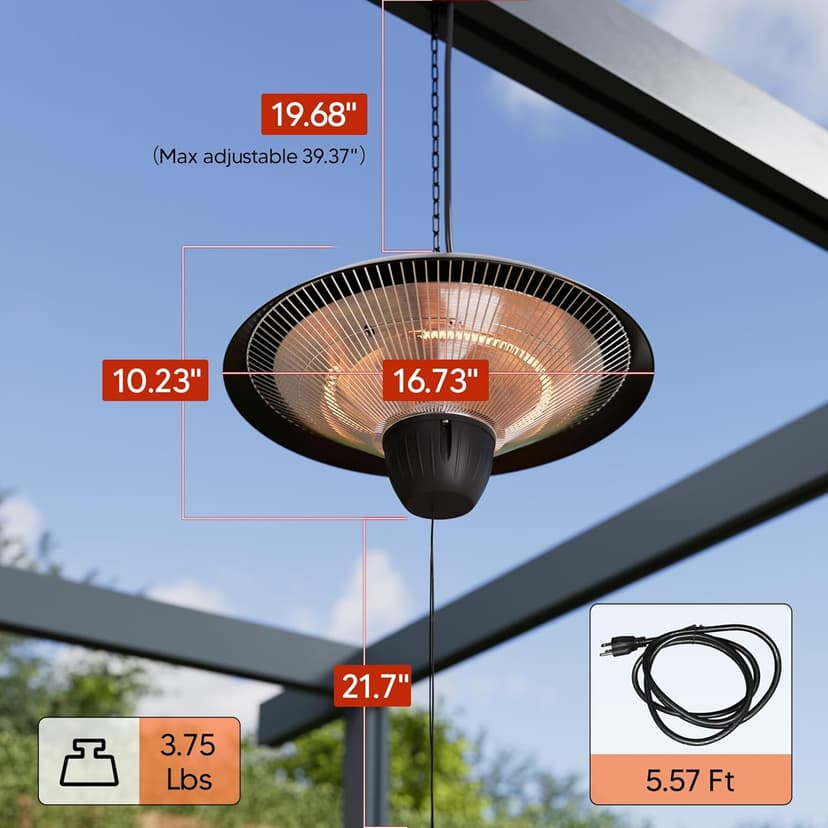 Outdoor Patio Heater, 1500W Electric Hanging Ceiling Mounted Heater for Balcony, Infrared Heater for Courtyard, Garage, Overheat Tip-Over Protection, Waterproof, Adjustable Height, Black