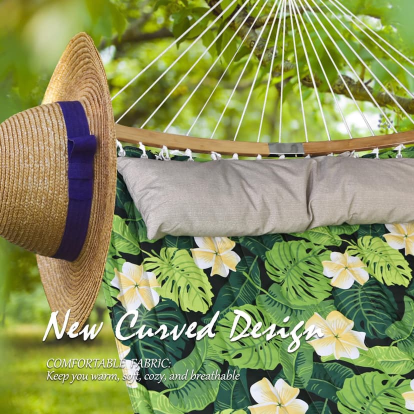 Double Hammock, 11 FT Quilted Fabric 2 Person Hammock for Outside with Pillow, Folding Curved Spreader Bar, Chains, Carrying Bag, Indoor Outdoor, 450 IB Capacity, GreenLeaves