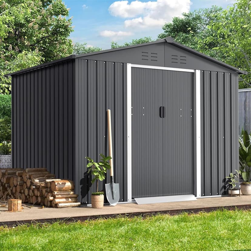 6x8 FT Outdoor Storage Shed, Metal Shed Kit with Double Doorknobs and Air Vents, Double Sloping Roof Garden Shed, Galvanized Shed with Sliding Door (Grey)