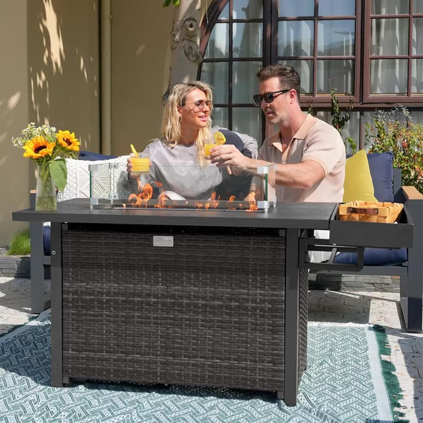 Sundale Outdoor 52 Inch Outdoor Fire Pit Table, 50000 BTU Propane Fire Pits with Storage Shelf, Glass Wind Guard and Lid, Wicker Patio Gas Fire Pit for Outside Patio and Garden, CSA-Listed(Grey)