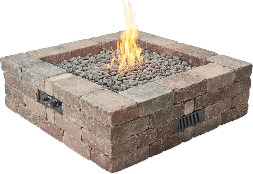 Outdoor GreatRoom Co Propane Fire Pit Kit - 51 Inch Square Bronson DIY Bonfire Gas Fire Pits for Outside Patio - Includes 64 Stone Paver Blocks, 42" Firepit Burner, Tumbled Lava Rock, 105,000 BTU