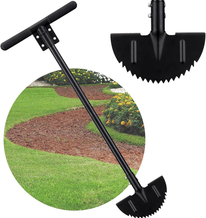 Edger Lawn Tool, Manual Half Moon Edger with Sharp Round Saw Tooth Blade and Step, Stand Up Gardening Tools for Landscaping, Borders, Sidewalk, Turf, Metal Garden Grass Edging Tool with Foam T Grip