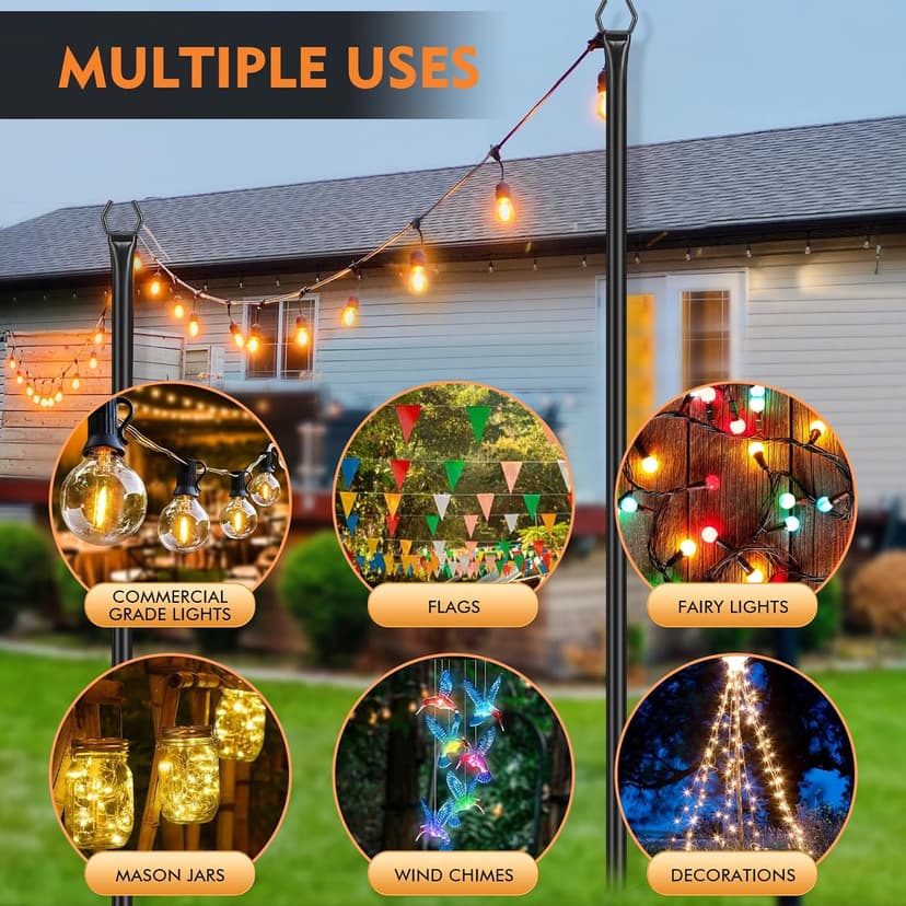 FEED GARDEN 4 Pack String Light Poles for Outside, 9.8FT Metal Poles for Outdoor String Lights, Stand Poles for Deck, Garden, Patio, Wedding, Backyard, Christmas Party