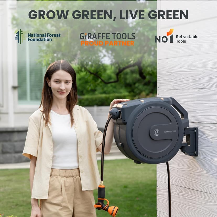Giraffe Tools AW30 Garden Hose Reel Retractable 1/2" x 100 ft Wall Mounted Water Hose Reel Automatic Rewind, Any Length Lock, 100 ft, Dark Grey