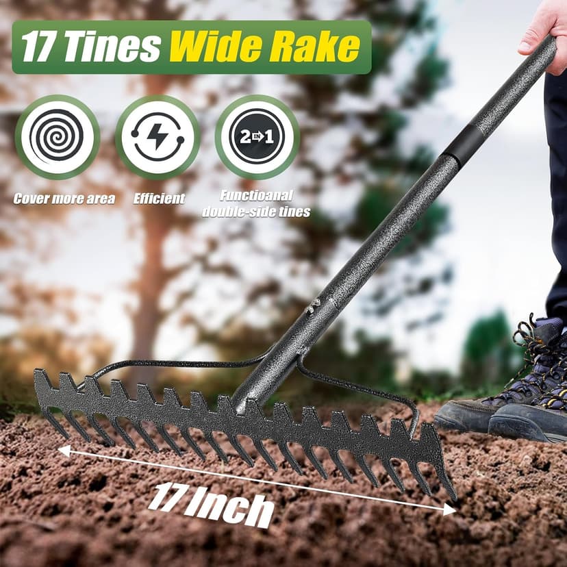 Garden Rake, 5FT Bow Rake Heavy Duty Leveling Rake with Adjustable Handle, 17 Tines Wide Head Metal Thatch Rake for Gardening Leaves Lawn Yard Mulch Rake