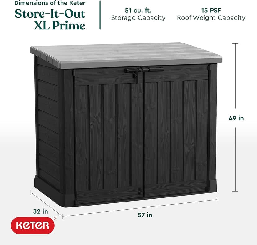 Keter Store-It-Out Prime XL 4.75 x 2.6 Foot Resin Outdoor Storage Shed with Double Doors and Easy Lift Hinges, Perfect for Trash Cans, Garden and Yard Tools, and Pool Toys, Black