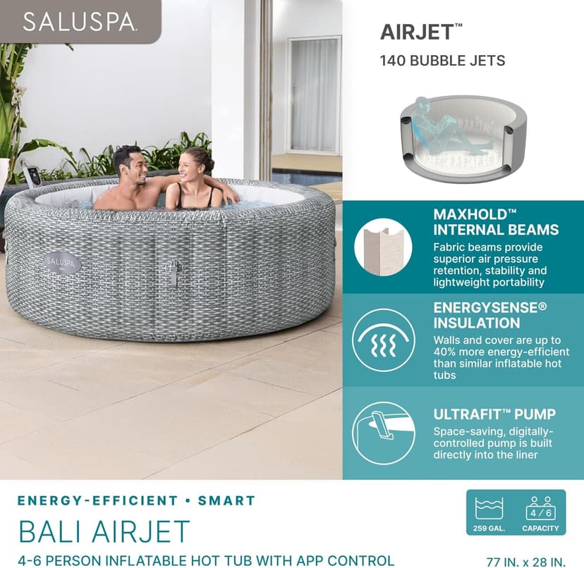 Bestway SaluSpa Bali Smart AirJet Inflatable Hot Tub Round Portable 4 to 6 Person Spa with 140 AirJets, App Control and EnergySense Cover, Grey Rattan