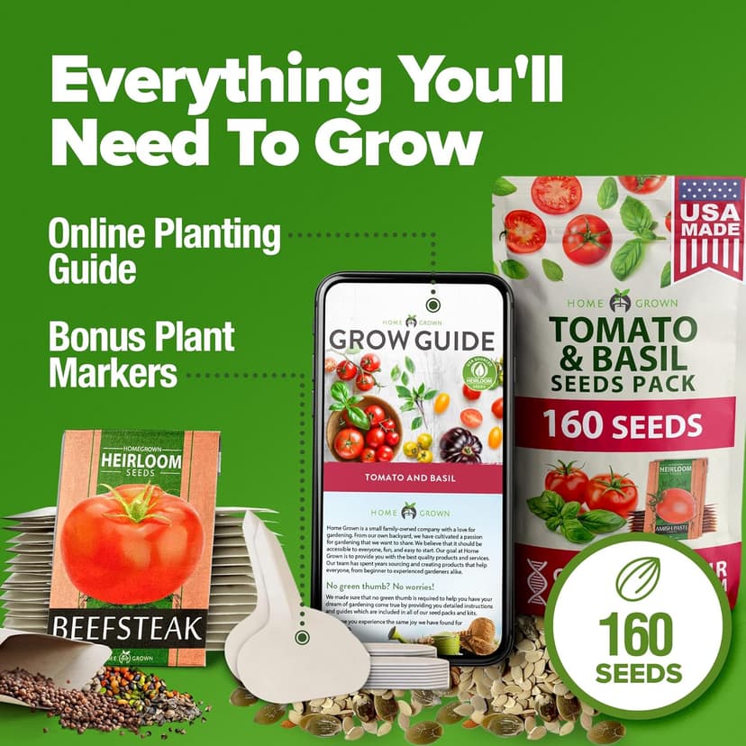 HOME GROWN Heirloom Tomato Seeds for Planting (10pk) w/Basil Seeds, 100% Non-GMO Tomatoes: Cherry, Roma, Beefsteak, Zebra, Yellow Plum, Amish Paste, Cherokee, Krim, Italian Basil, Thai Basil Seed