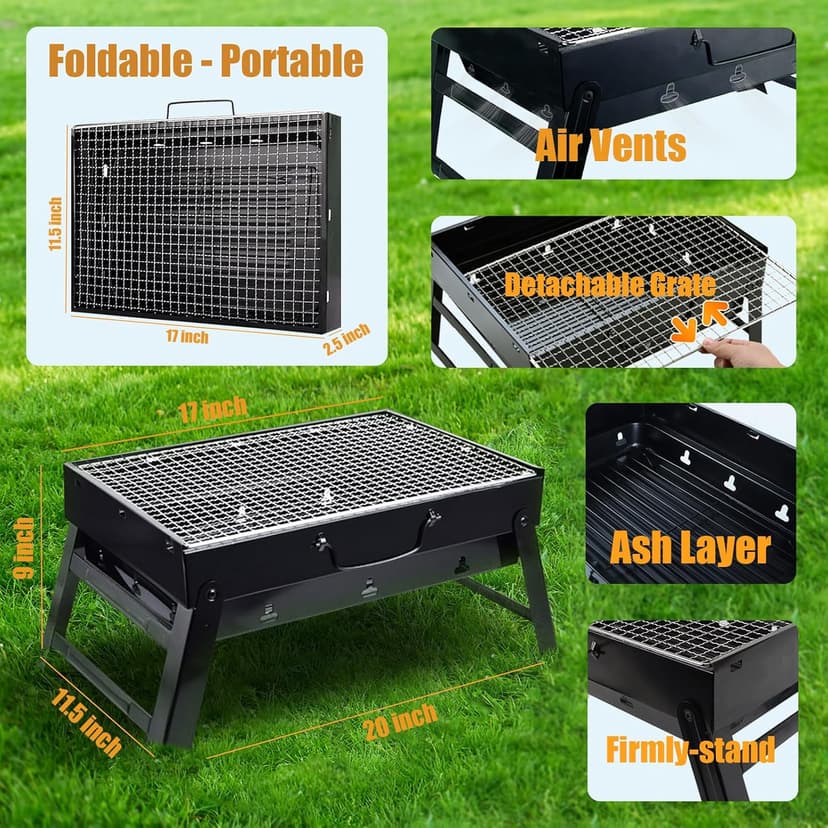 Portable Charcoal Grill for Camping Small Tabletop BBQ Grill for Picnic Trip Foldable Lightweight Barbeque Grill Set Including Tongs Skewers Basting Brush