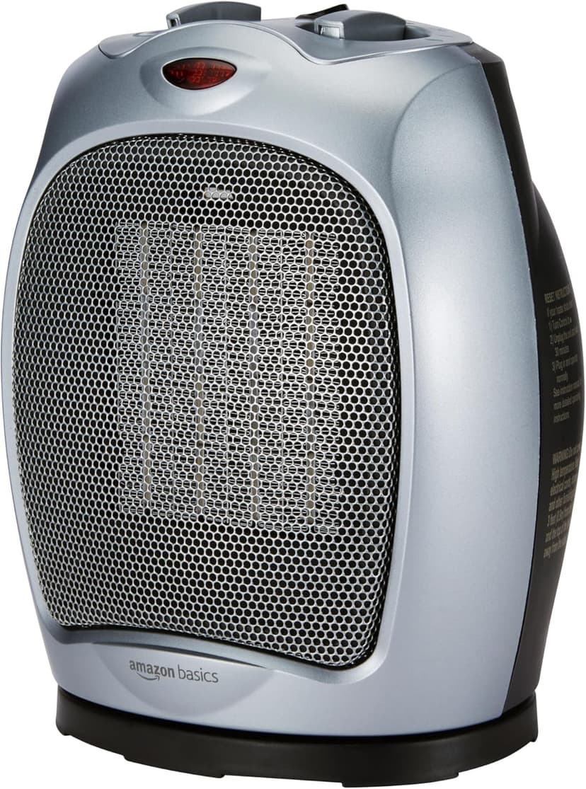 Amazon Basics Oscillating Ceramic Space Heater, Portable Heater for Indoor Use, for Office and Home, With Overheat and Tip-Over Protection, Thermostat, 1500W, Silver, 7.52"D x 6.34"W x 9.45"H