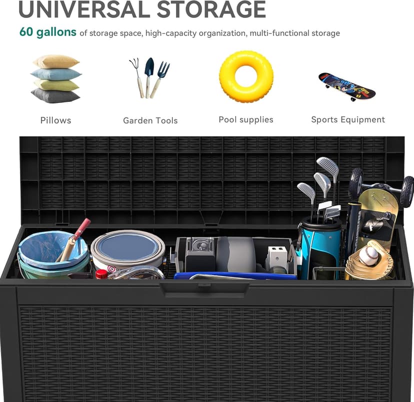 YITAHOME 60 Gallon Resin Deck Box, Weather Resistant Outdoor Rattan Storage Box, Lockable Indoor Outdoor Storage for Supplies and Essentials, Black