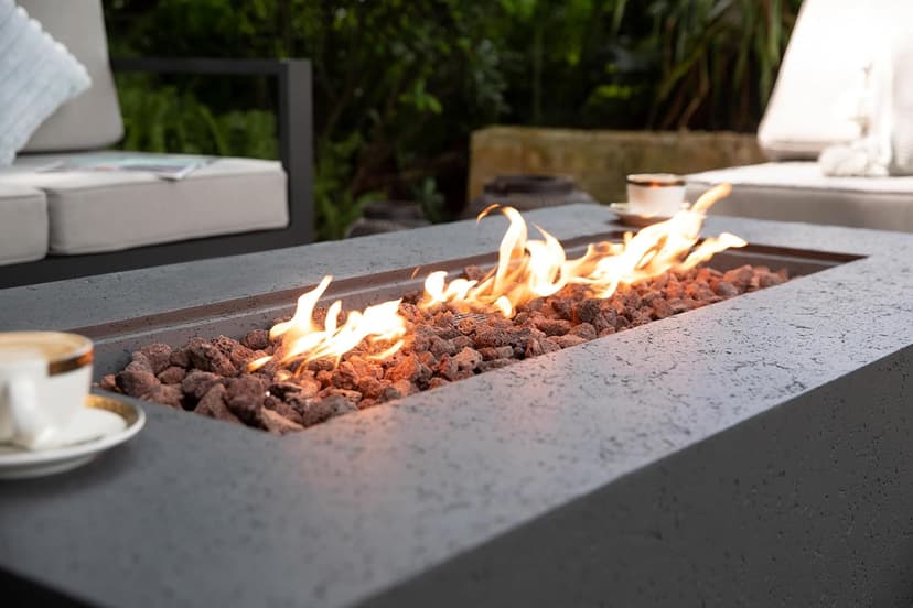 AMS Fireplace | Madison 60"x32" Rectangular Concrete Natural Gas Fire Pit Table | Dark Gray | Travertine (coarse) Texture Surface | Outdoor Patio Heater Electronic Ignition Outside Backyard Fireplace