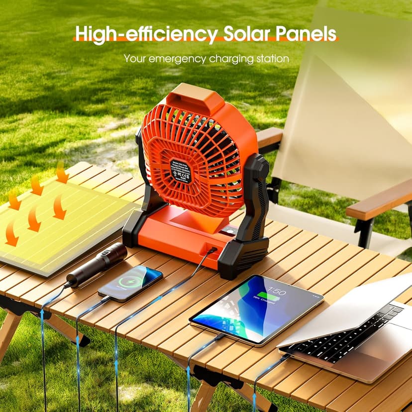 10800mAh Solar Powered Fan, 7W Solar Camping Fans & Led Lantern, 8-inch Rechargeable Fan with Solar Panel, Battery Operated Powered Outdoor Tent Fans for Camping Essentials Accessories
