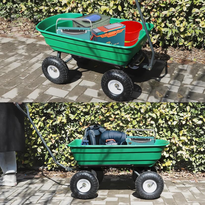 AAIN 600 Lbs Poly Garden Dump Cart,Camping Beach Wagon with 180° Rotating Handle and 10"Pneumatic Tires,Practical Heavy Duty Yard carts and Wagons,Quick Release Utility Wheel Barrow Trolley,Green A078
