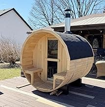 Outdoor Barrel Sauna with Porch, Wood Burning Stove Sauna 4 Person with Large Glass Windows, Canadian Hemlock, Chimney Kit, Triple Waterproof System, Double Reinforcement(0-195℉)