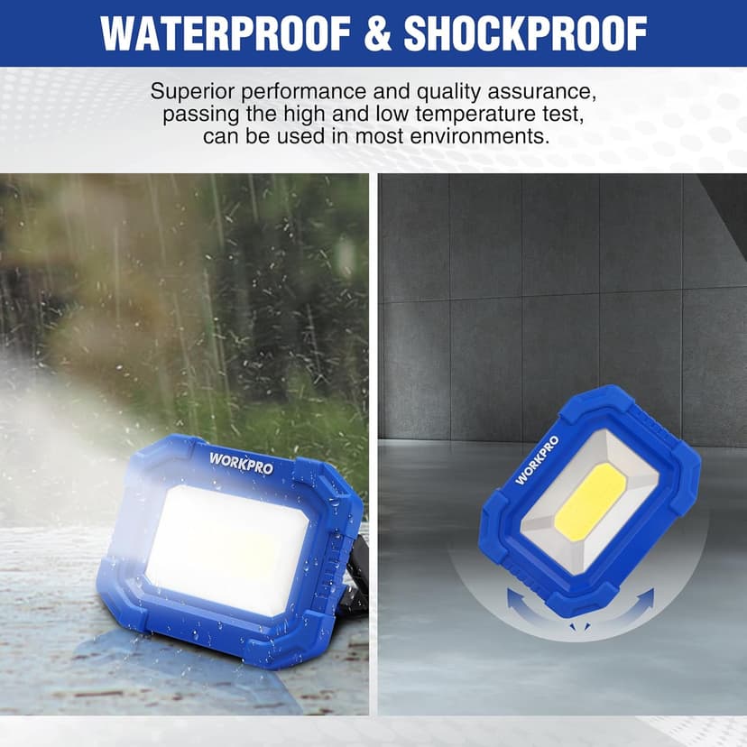 WORKPRO LED Work Light, Rechargeable Magnetic Work Lights with Stand, Portable, Waterproof, 2000LM COB Flood Light for Camping, Fishing, Car Repair, Job Site Lighting, Hiking, 4 Modes, 2 Pack