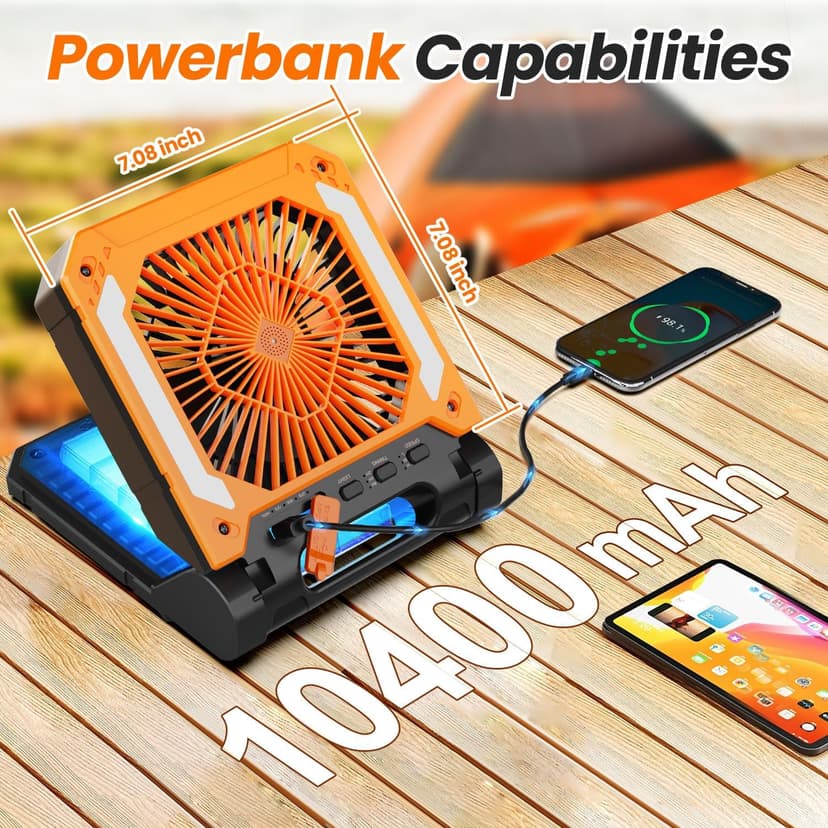 20000mAh Portable Fan Rechargeable with Solar Panel 2-in-1, 3 Speeds Cordless Battery Powered Fan with Led Lantern,Timer, Quiet USB-C Table Fan for Travel Tent Hurricane Office Home Bedroom (Orange)