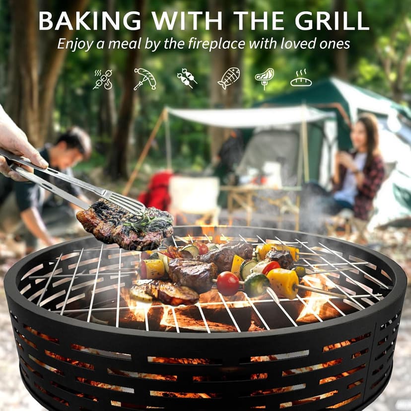 3-in-1 Fire Pit with Grill & Lid, 23" Outdoor Fire Pit Table, Cast Iron Wood Burning Firepit, Heavy Duty Fire Bowl for Outside Patio, Backyard Fireplaces, Large BBQ Pit Table with Fire Poker