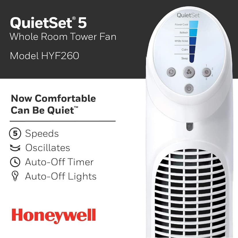 Honeywell HYF260 Quiet Set Whole Room Tower Fan, White