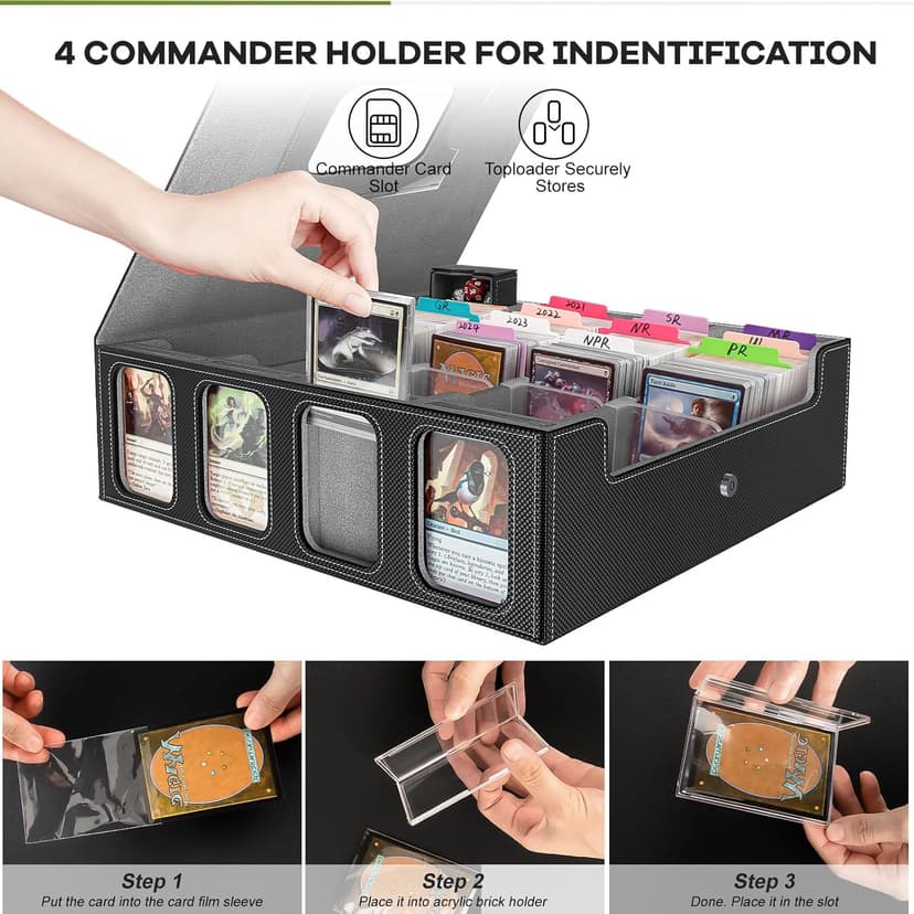 3200+ Trading Card Storage Box with Commander Display, 4-Row Card Deck Box with Portable Handle, Compatible for YuGiOh/MTG/TCG Cards, 30 Colorful Divider, 8 Supporters, 1 Dice Tray (Black & Grey)