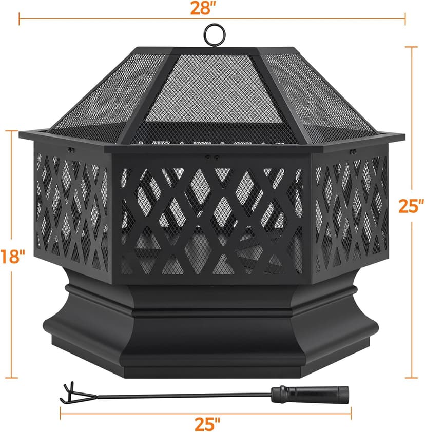 Yaheetech 28in Hex Shaped Fire Bowl - Large Wood Burning Outdoor Fire Pit with Spark Screen & Poker for Bonfire, Picnic, BBQ