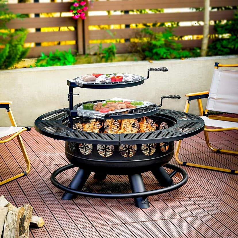 36 Inch Fire Pit with 2 Cooking Grills,Outdoor Wood Burning BBQ Firepit with Lid, 3-in-1 Outdoor Fire Pit for Backyard Deck Bonfire Patio Picnic