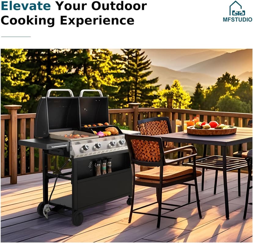 MFSTUDIO 5 Burner Propane Gas Grill and Griddle Combo with Porcelain-Enameled Cast Iron Grate and Pan, BBQ Grills with Flat Top Grddle for Outdoor Cooking, 696 SQIN Cook Area, Black
