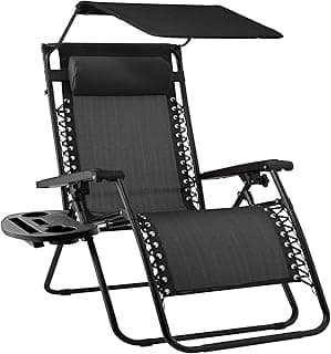 Best Choice Products Folding Zero Gravity Outdoor Recliner Patio Lounge Chair w/Adjustable Canopy Shade, Headrest, Side Accessory Tray, Textilene Mesh - Black