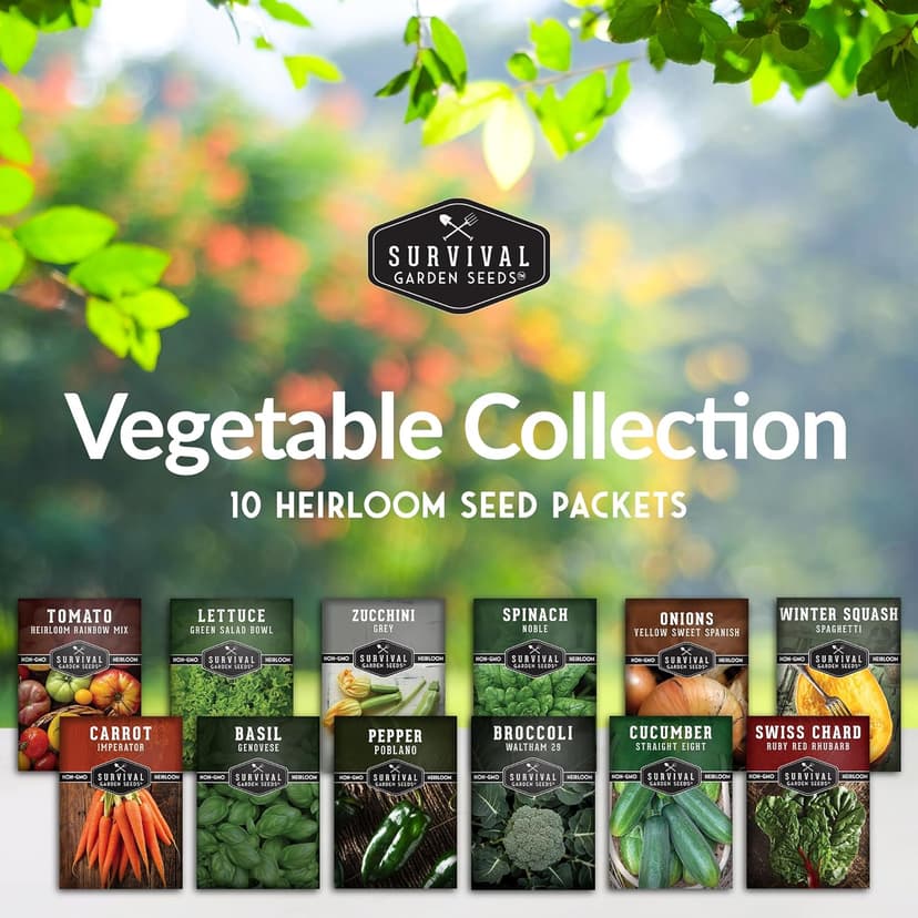 12 Vegetable Seed Variety Pack - Broccoli, Carrot, Basil, Lettuce, Onion, Pepper, Swiss Chard, Tomato, Cucumber, Spinach, Zucchini, Spaghetti Winter Squash - Non-GMO Heirloom - Survival Garden Seeds