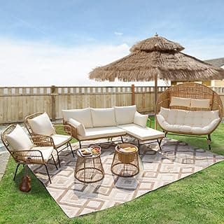 NICESOUL 7 Piece Boho Patio Furniture Set, 500lbs Heavy Duty Wicker Outdoor Sectional w/Double Egg Chair, Cozy L-Shape Couch Sofa Seating w/Glass Coffee Table & Ice Bucket, Beige