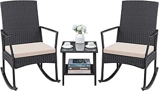 Greesum 3 Pieces Patio Furniture Set Outdoor Wicker Rocking Chairs with Glass Coffee Table for Garden Backyard Porch Poolside, Beige