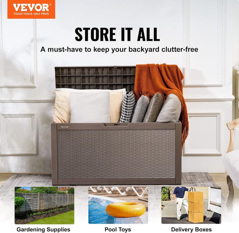 VEVOR Deck Box, 100 Gallon Outdoor Storage Box, 48.0" x 21.5" x 24.5", Waterproof PP Deckbox with Aluminum Alloy Padlock, for Patio Furniture, Garden Tools, Outdoor Cushions, Gray